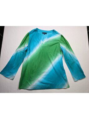 Jones New York Womens 2X Tie-Dye Cotton Tunic Top Long Sleeve Green & Blue